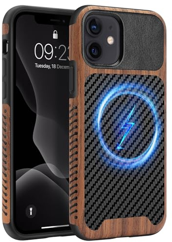 ZZDZZ Magnetisch Hülle für iPhone 11 Hülle [Kompatibel mit MagSafe] Holz und Carbon Leder Design Handyhülle Stoßfest Schutzhülle (Schwarz)
