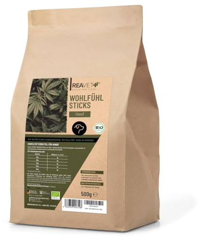 ReaVET Hunde Leckerlis mit Hanf 500g, Wohlfühl Sticks - Natürliche Beruhigung & Entspannung bei Angst oder Stress - Hundeleckerlis, Hundekekse aus Hanfpresskuchen getreidefrei & naturbelassen