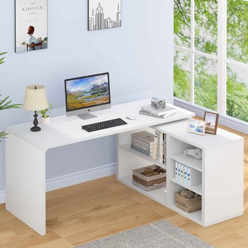 HSH White L Shaped Desk with Shelf, Reversible Modern Home Office Desk Workstation, L Shape Computer Desk with Storage Drawer, Industrial Wood Corner Table for Work Study Writing Gaming, 140 CM