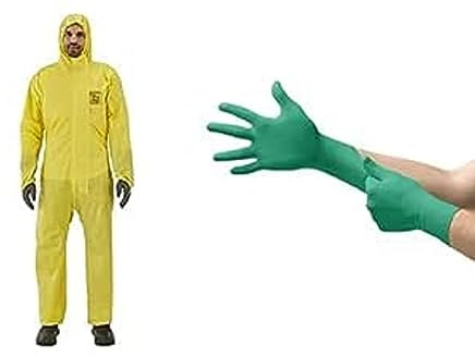 Ansell AlphaTec 2300 Model 132, Einweg-Schutzanzug mit Kapuze, Gelb, Größe L (1 Stück) TouchNTuff 92-600VP Einweg-Nitrilhandschuhe, puderfreier Untersuchungshandschuh, Grün, Größe L, 20 Stück