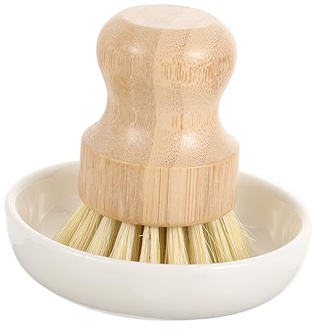 CIYODO Kitchen Cleaning Brush Set Wood and Ceramic Drain Base, Multi-use Pot and Dish Scrub Brush for Home Kitchen, Long Handle Scrubber for Pots and Pans
