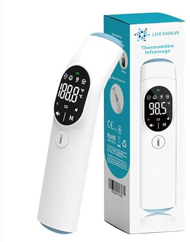 LIFE EVOLVE 20F Thermomètre médical infrarouge MULTIFONCTION 4 en 1: FRONTAL, AURICULAIRE pour tous les âges (bébé, enfant, adulte), mode MAISON pour objet ou pièce, sans contact, hygiénique