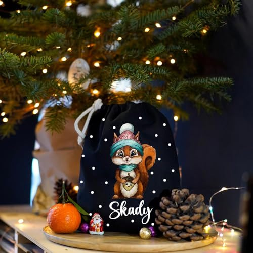 Nikolausbeutel Nikolaussäckchen Nikolaussack Nikolaus Nikolausgeschenk Weihnachtssäckchen Stiefel personalisiert mit Namen und Eichhörnchen Motiv nkb2 - ausgewählte Farbe: *Schwarz*