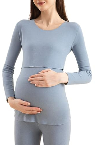 SISAY Termiska underkläder för kvinnor, set med extra varma 2-delad pyjamas, amningskläder, moderskap, termisk användning, rund hals, långärmad baslager, topp och leggings, termiska baslager för