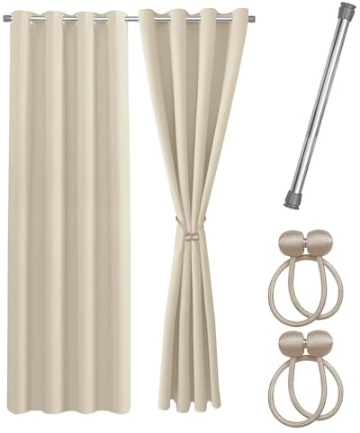 Praktisches Set ohne Bohren: 2x Vorhang + 1x Klemmstange silber 70-120 cm + 2x Raffhalter mit Magnet blickdicht & verdunkelnd, als Raumteiler, Fenster & Tür Beige Thermovorhang 200x135cm