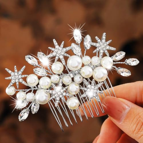 Handcess Braut Hochzeits Haarkamm Silber Perlen Haarteil Strass Braut Kopfschmuck Kristall Haarschmuck für Frauen und Mädchen