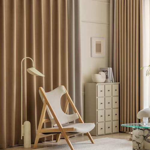 Whoiy Gardine Vorhang Verdunkelung Einfarbiges Patchwork 160 cm Lang, Vorhang Hellbraun und Creme Jacquard Polyester Baumwolle 2er Set Moderne Fenstergardinen für Schlafzimmer, 160x137 cm