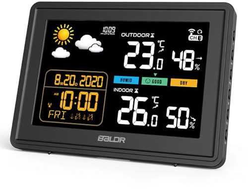 Konsen Wetterstation funk mit Außensensor DCF Funkuhr, Farbdisplay mit großen Zahlen von Innen und Außentemperatur, dauerhafte Beleuchtung, Wettervorhersage, Luftdurckanzeige