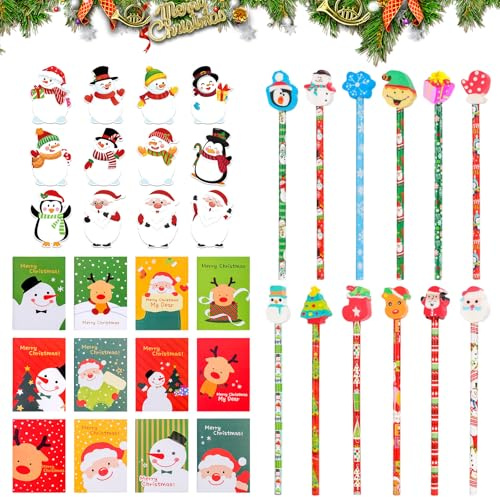 Confetti di Natale per Bambini, 12 Mini Quaderni di Natale Blocco Appunti + 12 Matite di Natale Gommabili + 12 Post-it Appiccicosi per Natale Tatuaggi Omaggi Ufficio Scolastico Famiglia Carta da