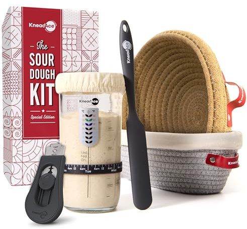 KneadAce Sourdough Starter Kit – 24oz Starter Jar, 2 Cotton Rope Banneton Proofing Baskets, Magnetic Bread Lame for Scoring – Gift for Bakers & Complete Sourdough Bread Baking Set