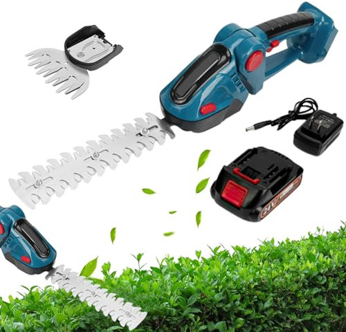 Taille Haie Electrique sans Fil 2 en 1, Cisaille à Gazon 18V avec Batterie Rechargeable et Chargeur, 2 Lames(20cm&12cm), Coupe Haie sans Fil pour Arbustes, Jardin, Gazon, Pelouse