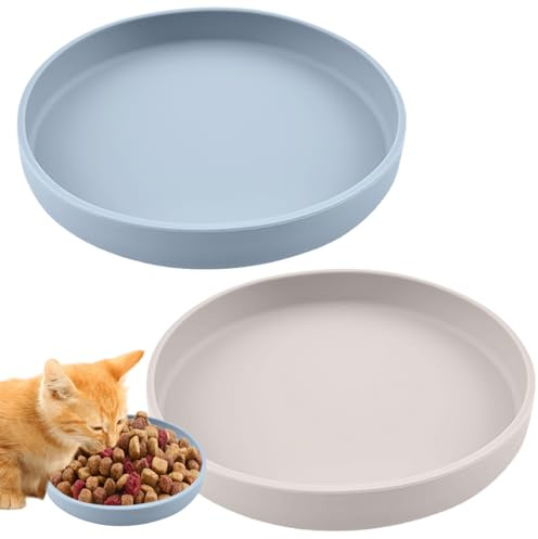 2 Stück Katzennapf, Futternapf für Katzen Bunte Katzennäpfe Futterschale Silikonnapf Breit Katzen napf Futterschale flach für Trockenfutter und Nassfutter (Seeblau, Aprikose)