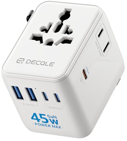 decqle “Pro” Adattatore Universale da Viaggio con 3 USB-C(GaN 45W)＆ 2 USB-A | Presa Universale da Viaggio, NON è Un Convertitore di Tensione, per UE/Regno Unito/Stati Uniti/Australia e 200+ Paesi(bianca)