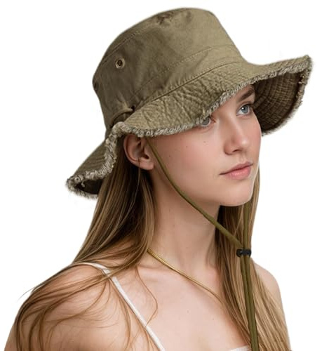 lifwimner Bucket Sun Hats for Women UV Protection, Foldable Packable Sun Hats with Frayed Edge Cotton Bucket Hats for Summer Beach Garden Fishing Safari