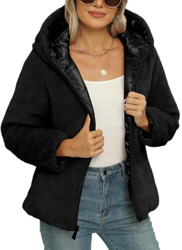 Giolshon Chaqueta acolchada de mujer con forro de sherpa cremallera corta y capucha para el invierno B-07 Negro L