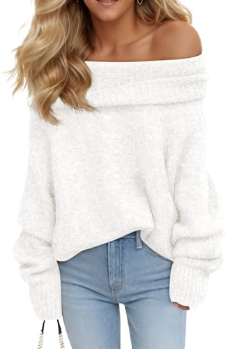 Saodimallsu Damen Pullover Sexy Schulterfrei Langarm Strickpullover Lose Grobstrick Jumper Sweater Einfarbig Casual Winter Pulli Weiß XL