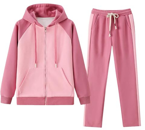 amropi Donna Tuta da Cerniera Giacca con Cappuccio e Jogging Pantaloni Tute 2 Pezzi Sportivo Completo Rosa, XL