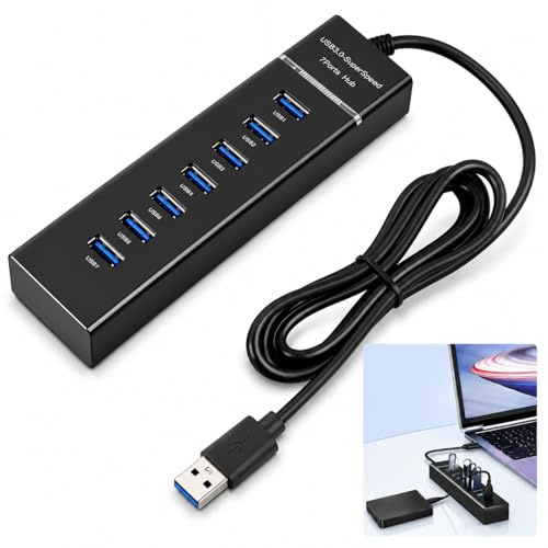 7 Port Hub USB 3.0 Aluminium avec Câble 1.2m et Port d’Alimentation Type-C 5V 3A,Multiport USB Haute Vitesse 5Gbps pour Ordinateur, PC, Laptop, Clavier, Souris, Disque Dur, Multiprise USB C