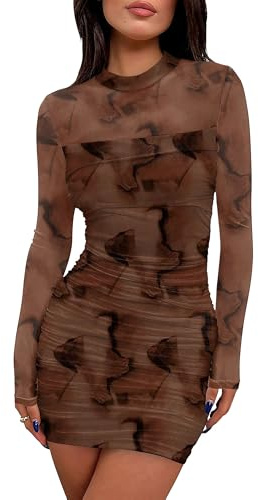 WIHOLL Fall Dresses for Women 2025 Sexy Bodycon Little Slimming Short Mock Neck Dinner Cocktail Dress Party Club Winter Dresses Brown Print L