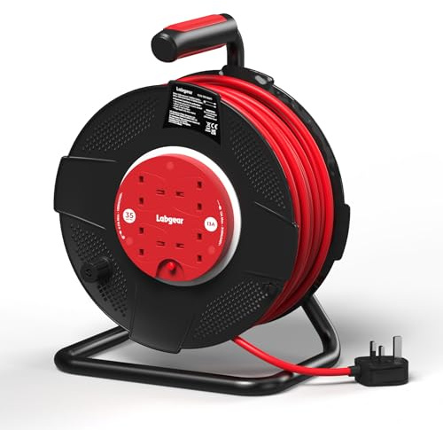 Labgear Extension Lead 35m Heavy Duty Cable Reel 4 Socket 13A Power Reel with Thermal Cut-Out Protection, Durable Drum and Carry Handle Black/Red