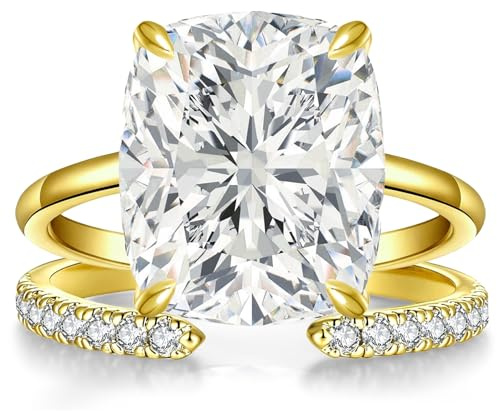AVECON 3CT Elongated Cushion Cut Engagement Ring Set for Women, Wedding Promise Cubic Zirconia Band, 14K Gold Plated Stackable Adjustable Bridal Half Eternity Open Rings, Size 8