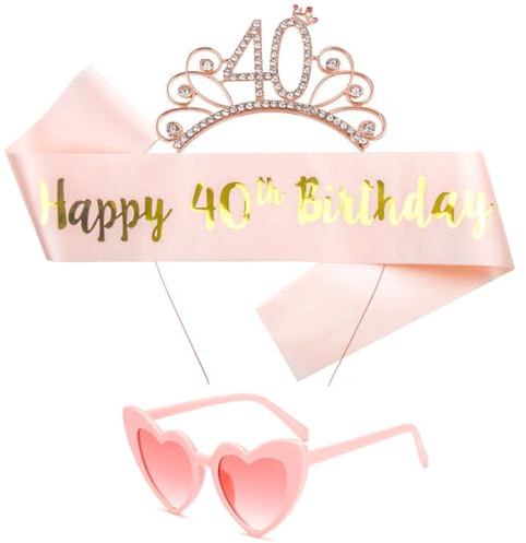 EJRUP Décoration d'Anniversaire 40 Ans Femme: Écharpe Rosé Or et Couronne Anniversaire avec Lunettes en Forme de Cœur, Décoration de Fête, Cadeau pour les 40 Ans d'une Femme