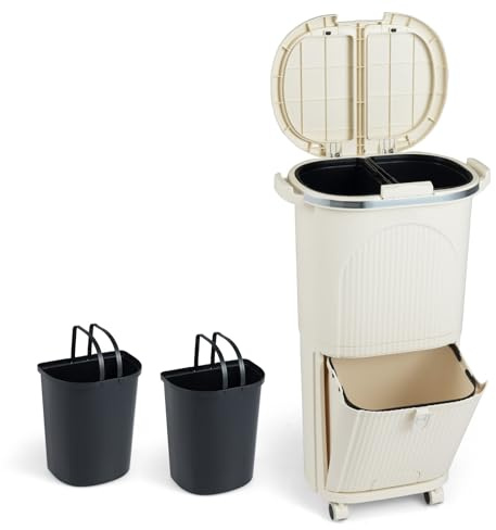 GOPLUS Cubos de Basura para Cocina (Beige, 12L+2 Tapas+2 Capas) | Cubo de Reciclaje con 3 Compartimentos y Doble Recipiente con Tapa, Cesta Abatible, Pedal Oculto, 4 Ruedas y Asas, para Saló