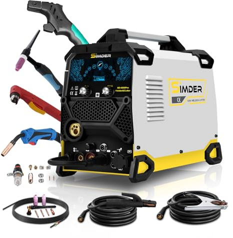 SSimder 10-in-1 Welder Plasma Cutter Combo, Pulse MIG Aluminum Spool Gun | 200A MIG Welder, HF TIG w/Pedal Port, Synergic Auto-Set, Auto Repair Farm DIY, Pilot Arc 50A Plasma Cut,HM-600A Stinger