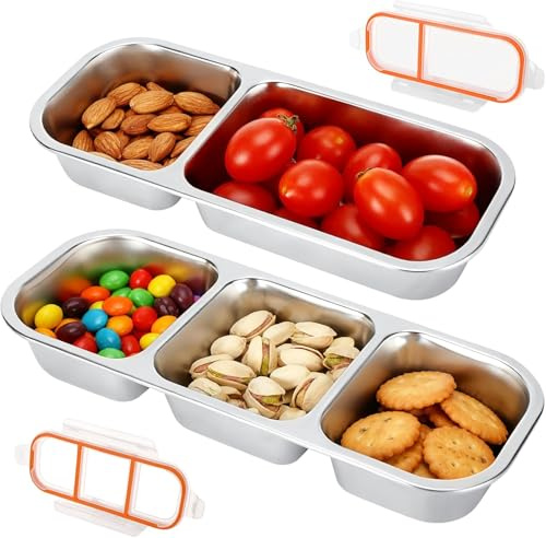 2 Piezas Caja de Aperitivos de Acero Inoxidable con Compartimentos, Fiambrera de 2 y 3 Secciones, Recipiente Bento con Tapa Antifugas, Reutilizable para Frutas, Frutos Secos, Comida Escolar o Trabajo