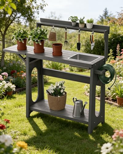 Pflanztisch Outdoor HIPS mit klappbarer Erweiterung & abnehmbarem Spülbecken, Gartentisch mit Ablagen & Werkzeughaken, wetterfest für Garten, Terrasse, Balkon, Grau