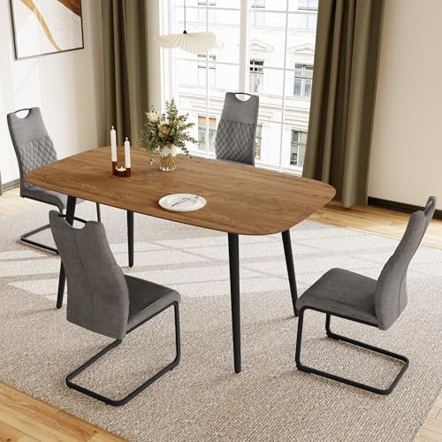 JIEXI Esstisch Küchentisch für 4-6 Personen, MDF Modernes Holz mit Metallbeinen für Wohnzimmer & Esszimmer Restaurant, Wohnungen, 120 cm Walnuss + 4 Graue Stühle