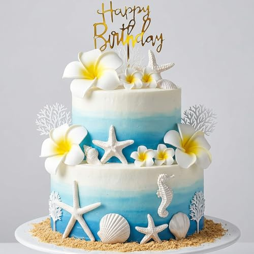 21 Piece Cake Decorations Set - Hawaiian Style Floral & Shell Cake Toppers with Acrylic Birthday Sign, Non-Edible Party Decorations for Adult Birthday, Anniversary
