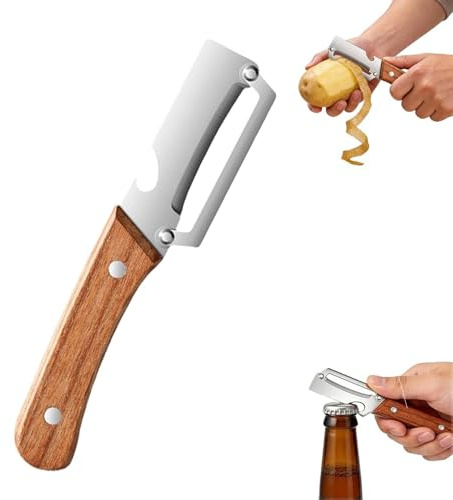 Multi-Functional Vegetable Peeler for Kitchen, Ultra-Sharp Stainless Steel Blade with Wooden Handle and Bottle Opener for Thick Melon, Hard Rind, Kitchen Use (1pcs)