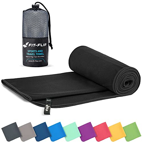 Fit-Flip mikrofiberhandduk - kompakta mikrofiberhanddukar - idealisk som sporthandduk, resehandduk, strandhandduk - snabbtorkande och lätt - stor badhandduk (80x160cm, + väska, svart) | Svart, 80 x 160 cm sporthandduk för gym, resor, strand, simning, camping och vandring, superabsorberande, snabbtorkande