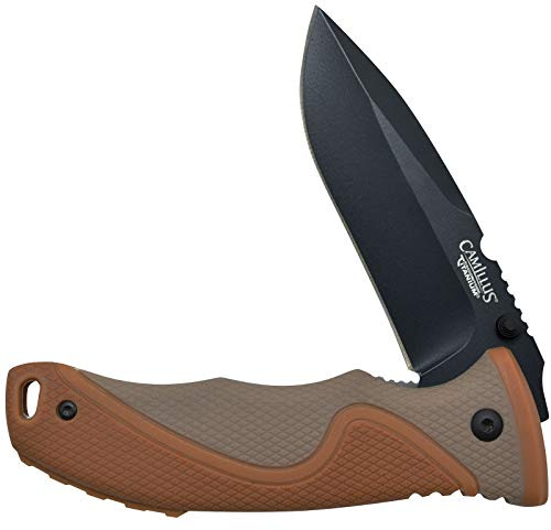 Camillus INFLAME Klappmesser, Einhandmesser, 8,3 cm Klinge in schwarz, mit Firestarter, Notpfeife, 440 Stahl, Carbonitride Titanium, 19473, braun/grau, 19cm