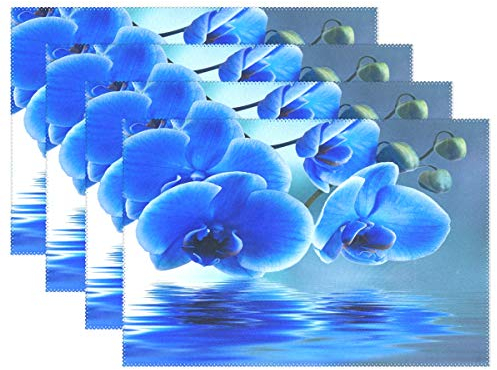 Use7 Tischset mit blauem Orchideen-Wasser-Blumenmuster, 30,5 x 45,7 cm, Polyester Tisch-Matte für Küche und Esszimmer, Polyester, Multi, Package Quantity: 4