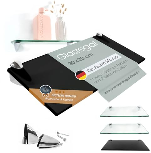 Rapid Teck Glas Wandregal Schwarz Glanz 30cm x 20cm - Glasregal mit 8mm ESG Sicherheitsglas - Glasregal perfekt als Badablage Glasablage für Badezimmer - Verschiedene Größen wählbar