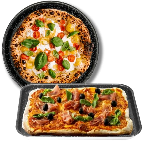 NAMAI - Teglia Pizza Rotonda 32 CM + Teglia Pizza Rettangolare 40 CM x 28 CM - Rivestimento Antiaderente - Adatte in Lavastoviglie - Made in Italy - Teglie Per Pizza da Forno