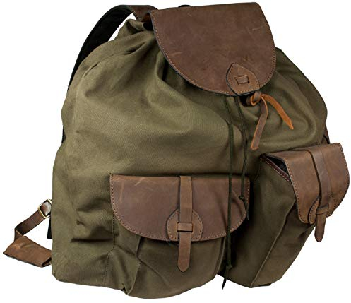 Hubertus Jagdrucksack Canvas Oliv/grün robust & reißfest mit echtem Büffelleder von oefele.de Wanderrucksack Gebirgsrucksack für Jäger unverwüstlich (70 x 55 cm)