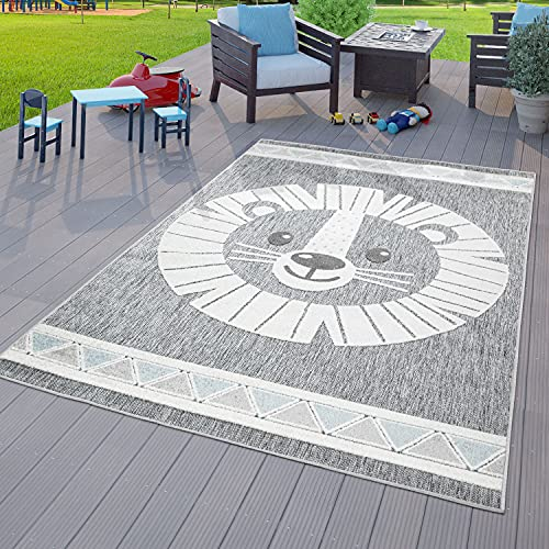 TT Home Kinderzimmer Outdoor Teppich Kinder Spielteppich 3D Optik Modern Löwe Grau, Größe:160x220 cm