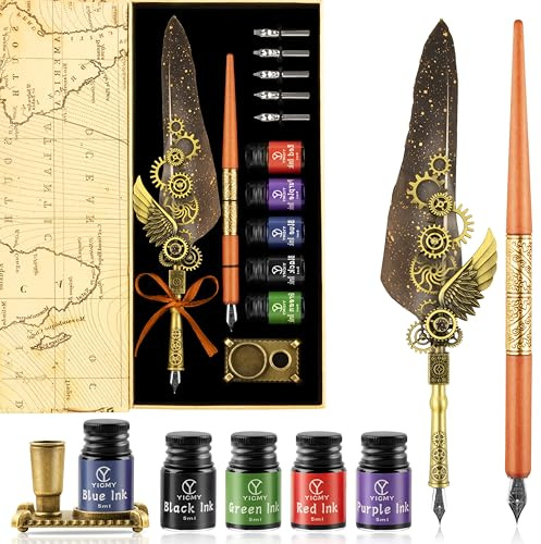 CunMei Quill Pen and Ink Set, Calligraphy set - feather quill pen, Wooden Dip Pen, 5 Color Ink, 5 Replaceable Nibs, Pen Holder,Vintage Calligraphy Pens for Beginners and Calligraphy Lovers (Grey)