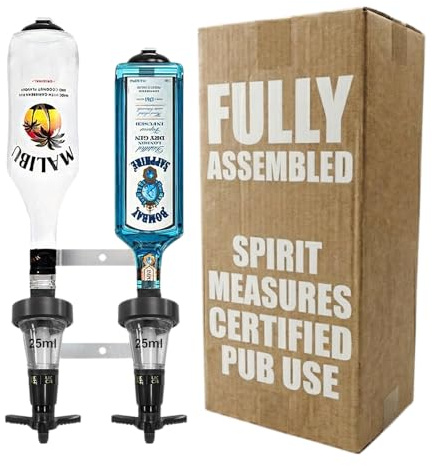 Chabrias Ltd Black 2 Bottle Wall Bar Rail + 25ml Spirit Optic Measures - UK Made, Fully Assembled Metal Bracket & Pub Trade Compliant, Traditional Black, Fits 70cl–1.5L Bottles