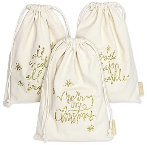 Papierdrachen Geschenkverpackung Weihnachten 2025 - Stoffbeutel 3er Set - 20x30 cm - beige - mit Stickerei in gold - wiederverwendbar zum Befüllen