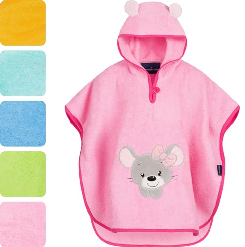 Morgenstern Badeponcho mit Kapuze Kinder Baby 1-5 Jahre Mädchen Jungen 100% Baumwolle Frottee OEKO TEX® Handtuch Badetuch Poncho Kapuzenhandtuch Bademantel Maus