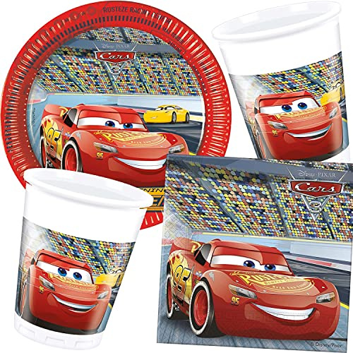 37-teiliges Party-Set * CARS III * mit Teller + Becher + Servietten + Luftschlangen für eine Rennwagen-Party | Kindergeburtstag Kinder Set Deko Kinder Geburtstag Rennautos