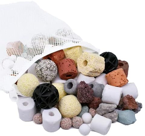 SUAOEO Aquarium Filter Medium 500g with Mesh Bag | Bio Balls Ceramic Rings, 12 In 1, Fish Tank Pond Filter Medium
