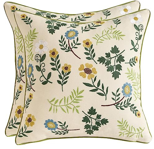 Bestickte Kissenbezüge Bauernhausstil 45x45cm 2 Stück Wurfkissenbezüge | Wohndekoration Blumenkissenhülle Kleine Zerdrückte Blume für Gartenlounge Sofa Dekokissen Wohnzimmer Schlafzimmer
