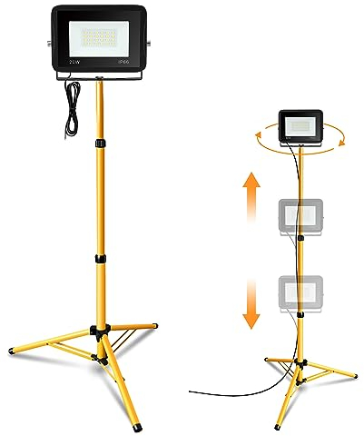 Jiubiaz Proiettori Treppiede LED Faro Faretto cavalletto telescopico, 20W 1700LM Bianco Caldo per illuminazione del cantiere, altezza regolabile, impermeabile IP66 (cavo 1m, senza spina)
