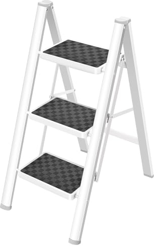 HBTower 3 Step Ladder Folding Step Stool, 330 Lbs Capacity Step Stool for Adults, Closet Step Stool Ladder with Anti-Slip Wide Pedals Household Office, White