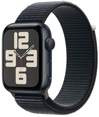 Apple Watch SE (2. Generation, 2023) (GPS, 44 mm) Smartwatch mit Aluminiumgehäuse und Sport Loop Armband in Mitternacht. Fitness- und Schlaftracker, Unfallerkennung, Herzfrequenzmesser, CO₂ neutral
